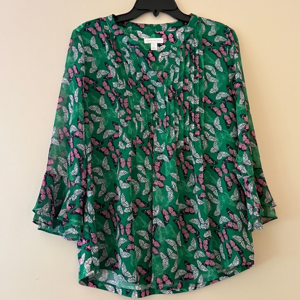 Charter Club Green Butterfly Print Flutter Sleeve Keyhole Blouse Small